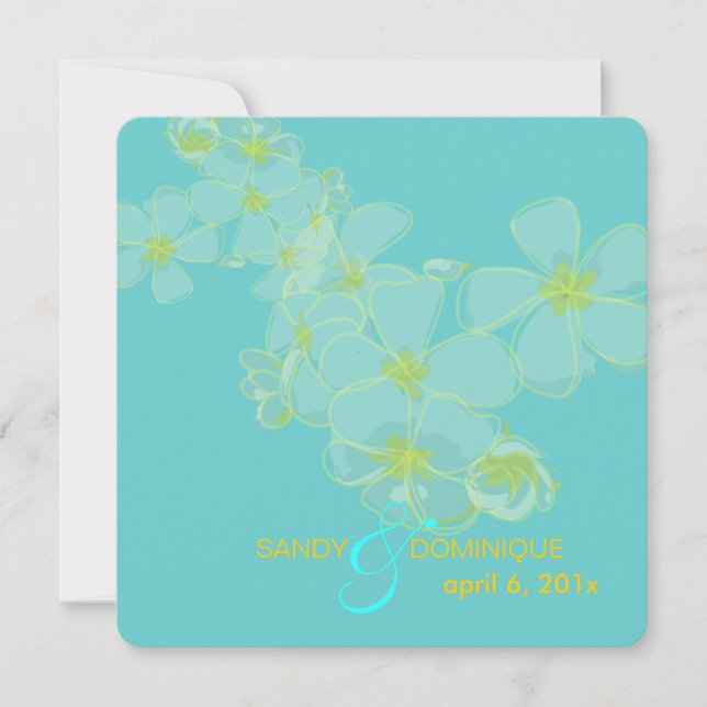 Plumeria on aqua blue invitation (Front)