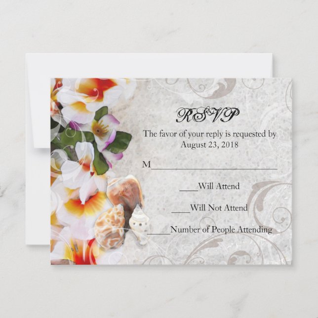 Plumeria Orchid Lei in the Sand RSVP Beach Wedding Card (Front)