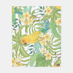 Plumeria, Parrot, Vintage Floral Pattern. Fleece Blanket
