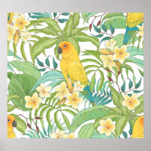 Plumeria, Parrot, Vintage Floral Pattern. Poster