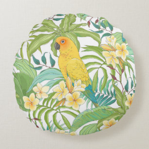 Plumeria, Parrot, Vintage Floral Pattern. Round Cushion