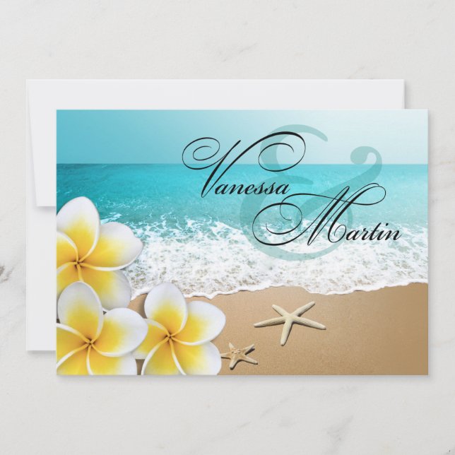 Plumeria Starfish Beach Tropical Wedding Invitation (Front)