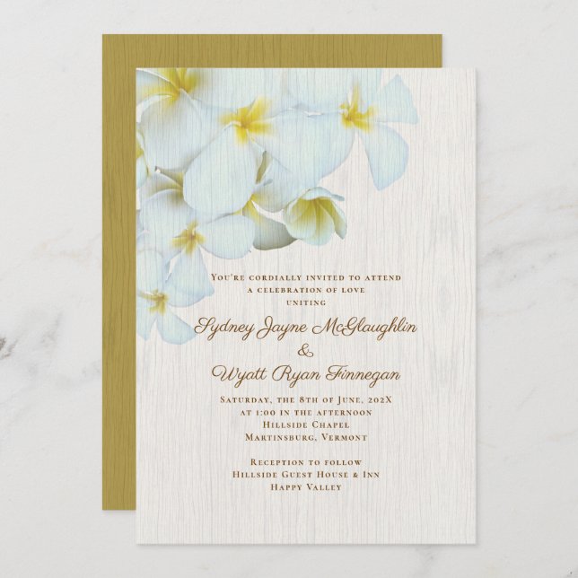 Plumeria Wood Rustic Hawaiian Flowers Wedding Invitation (Front/Back)