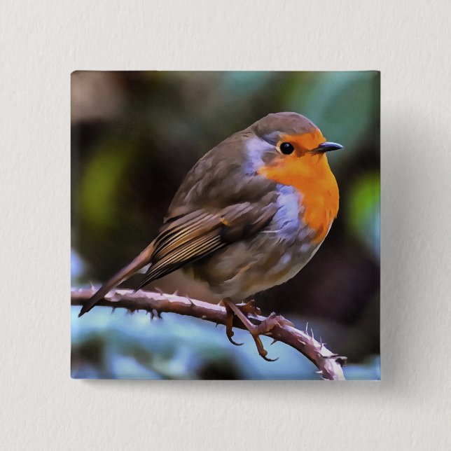 Plump Robin Perched On A Branch Wildlife Art 15 Cm Square Badge (Front)