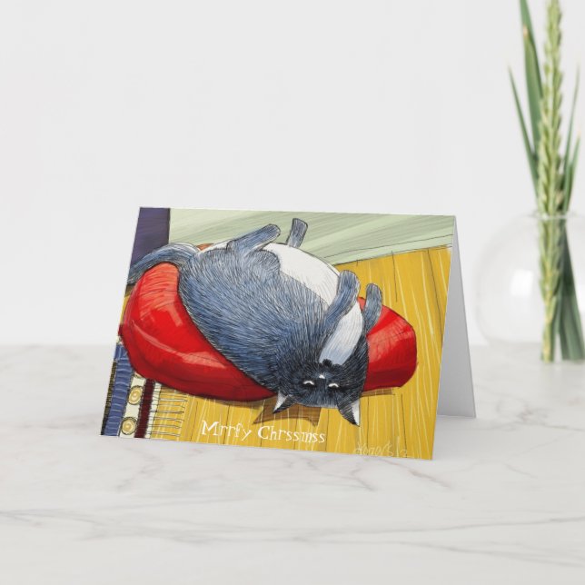 Plump Tuxedo cat upside down Christmas edition Holiday Card (Front)
