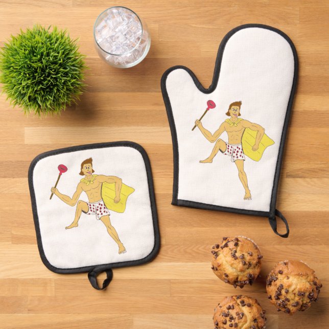 plunger and underwear guy  oven mitt & pot holder set (Top Down)