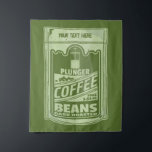 Plunger coffee pop art food packaging illustration tapestry<br><div class="desc">A pop art illustration which has a green sachet full of plunger coffee. Design for coffee lovers. Is part of my pop art food collection. The coffee packet is green and has customisable text.</div>