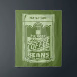 Plunger coffee pop art food packaging illustration tapestry<br><div class="desc">A pop art illustration which has a green sachet full of plunger coffee. Design for coffee lovers. Is part of my pop art food collection. The coffee packet is green and has customisable text.</div>