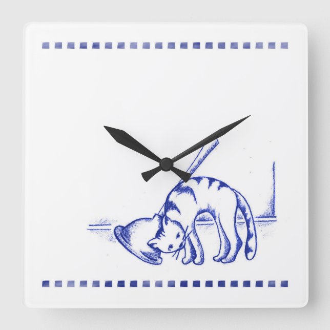 Plunger Rubbing Kitty Cat Bathroom Toile Look Square Wall Clock (Front)