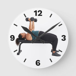 Plus Size Fitness Woman Bench Press Workout Round Clock