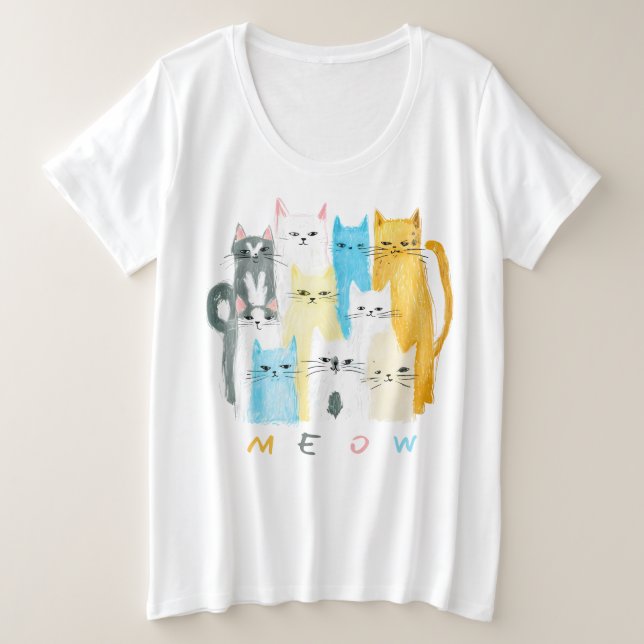 Plus Size MEOW Cat Shirt – Colourful & Fun Tee (Design Front)