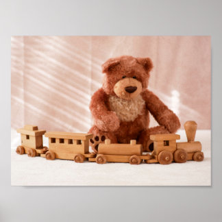 Plush Bear and Toy Train Poster