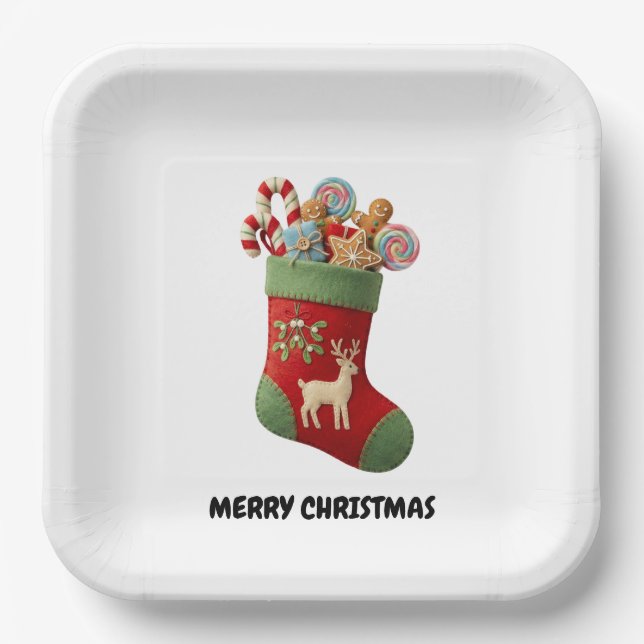 Plush Christmas Stocking Illustration Paper Plate (Front)