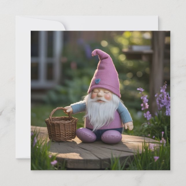 Plush Gnome Figurine with Woven Basket in Summer  (Front)