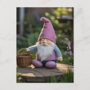 Plush Gnome Figurine with Woven Basket in Summer Holiday Postcard