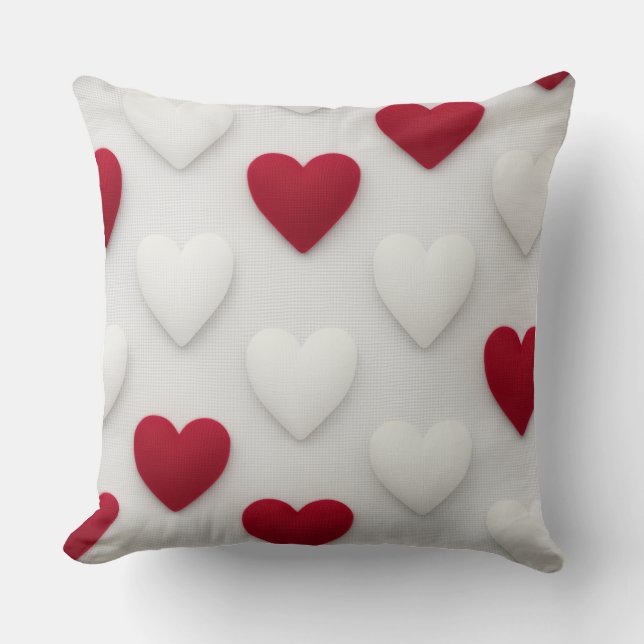 Plush Red & White Hearts Cotton Throw Pillow (Front)