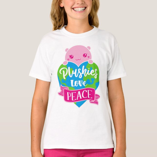 Plushies Love Peace | Cute Kawaii Heart Earth T-Shirt (Front)