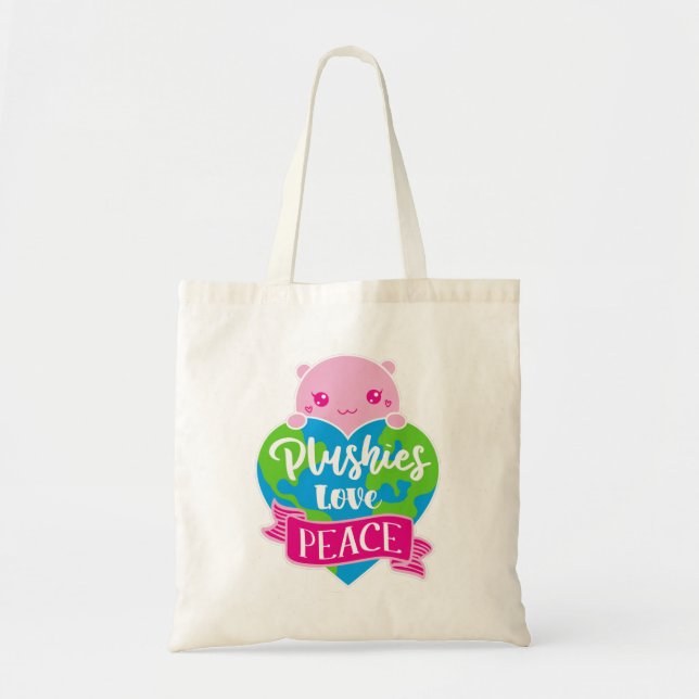 Plushies Love Peace | Cute Kawaii Heart Earth Tote Bag (Front)