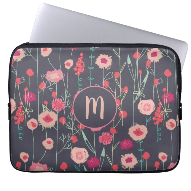 Plymouth Flowers Dark Boho Floral Custom Monogram Laptop Sleeve (Front)