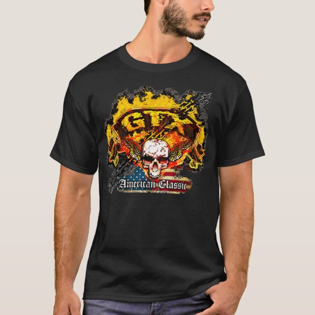 Plymouth GTX - Burnout Banner Skull -n- Flag T-Shirt (Front)