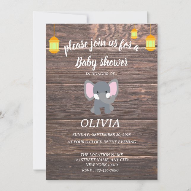 Plywood background baby elefant baby shower  invitation (Front)