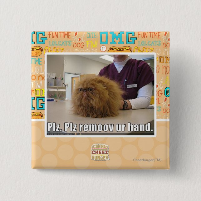 Plz remoov ur hand 15 cm square badge (Front)