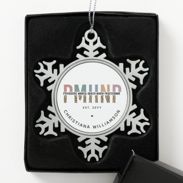 PMHNP Leopard Print Psychiatric Mental Health NP Snowflake Pewter Christmas Ornament (Box)
