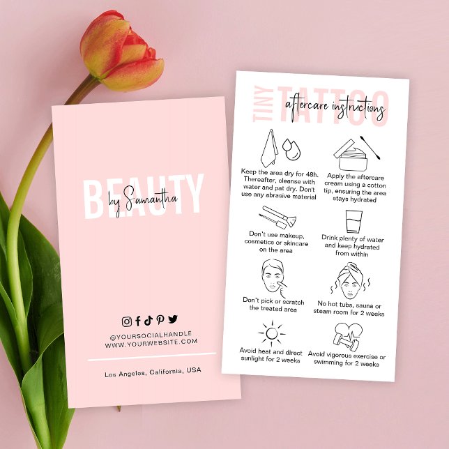 PMU Artist Tattoo After Care Instructions Pink Business Card (Elegant tiny tattoo after care instructions business cards in pink and white or edit to any color)