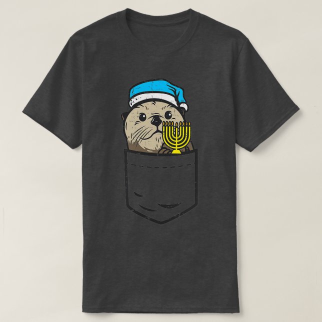 Pocket Jewish Otter Menorah Hanukkah Chanukah Anim T-Shirt (Design Front)
