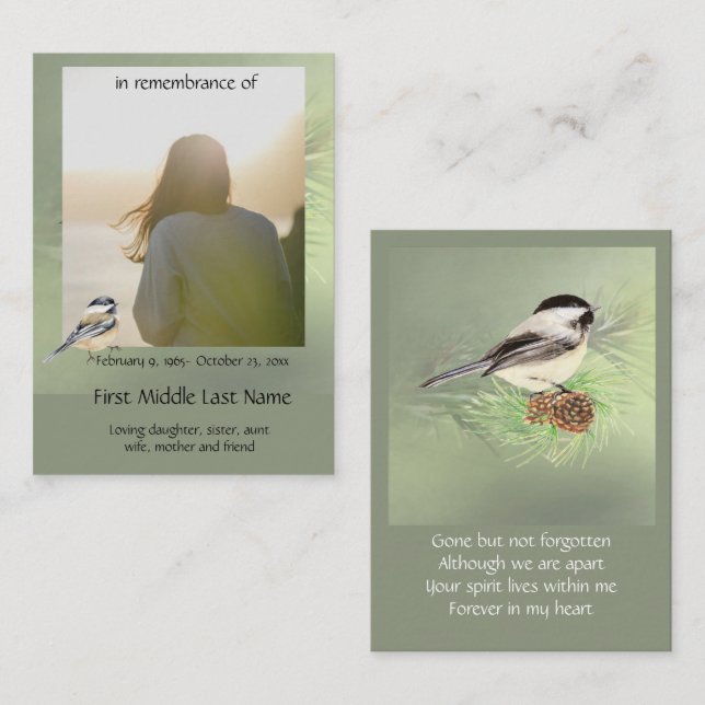 Pocket Keepsake Remembrance Memorial Chickadee Fan Business Card (Front/Back)