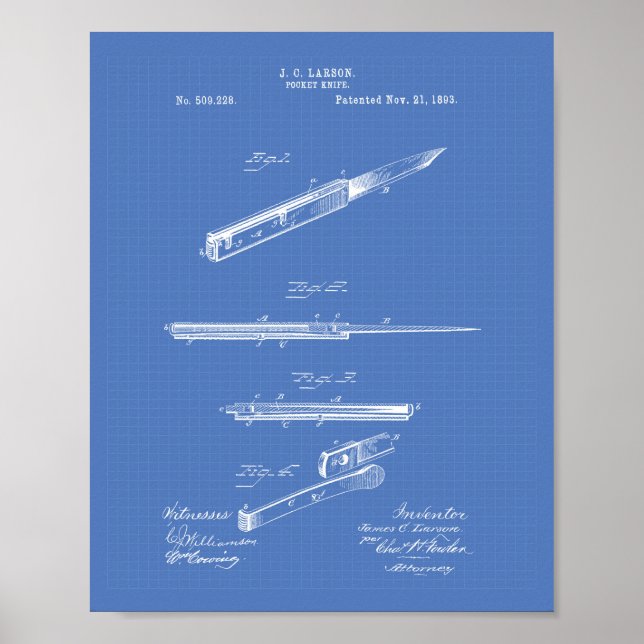 Pocket Knife 1893 Patent Art Blueprint Poster (Front)