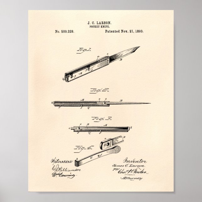 Pocket Knife 1893 Patent Art Old Peper Poster (Front)