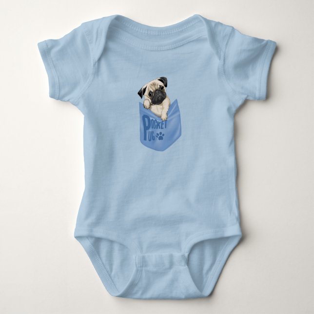 Pocket Pug Blue Baby Bodysuit (Front)