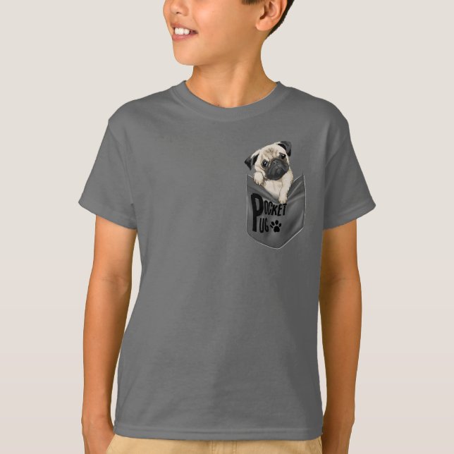 Pocket Pug Kids Grey T-Shirt (Front)