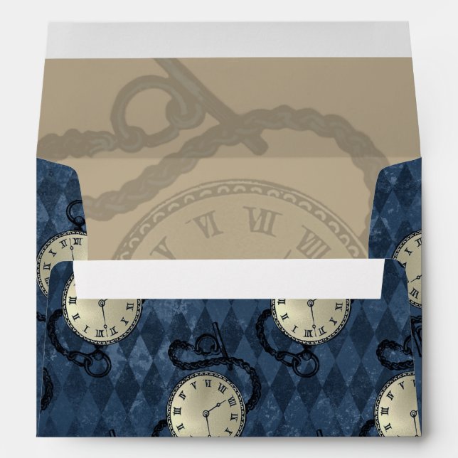 Pocket watches on blue diamond pattern background envelope (Back (Bottom))