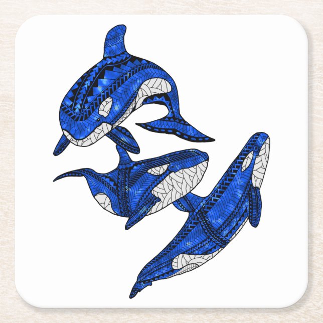 Pod Of 3 Tribal Orcas Square Paper Coaster (Front)