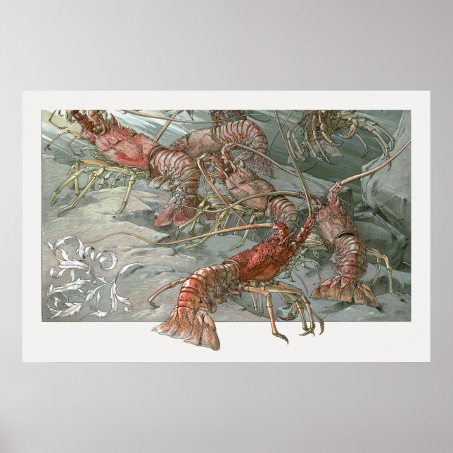 Pod of Lobsters in the Ocean, Vintage Art Nouveau Poster (Front)