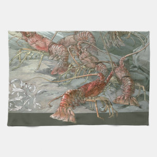 Pod of Lobsters in the Ocean, Vintage Art Nouveau Tea Towel