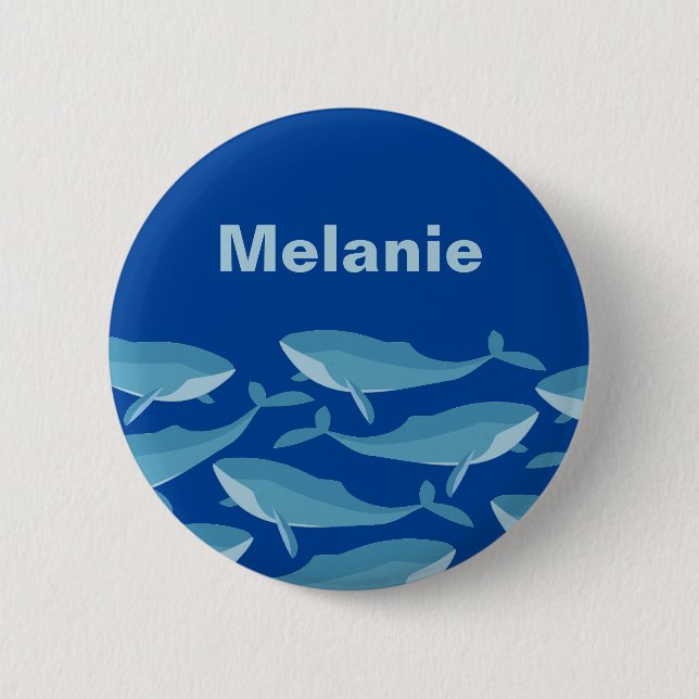 Pod of Whales Swimming Dark Blue Personalised 6 Cm Round Badge (Front)