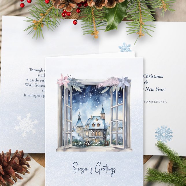 Poem Scandi Winter Blue Leaves Snowflake Christmas Holiday Card (Creator Uploaded)