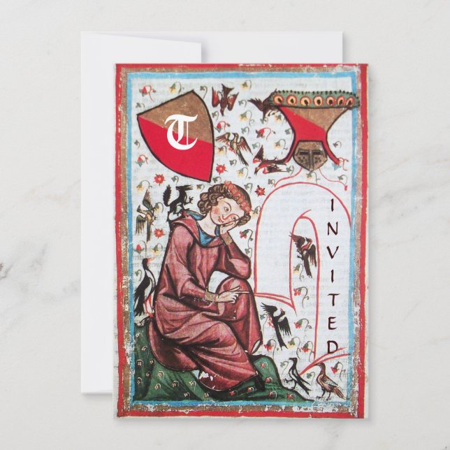 POET IN THE GARDEN OF BIRDS MONOGRAM INVITATION (Front)