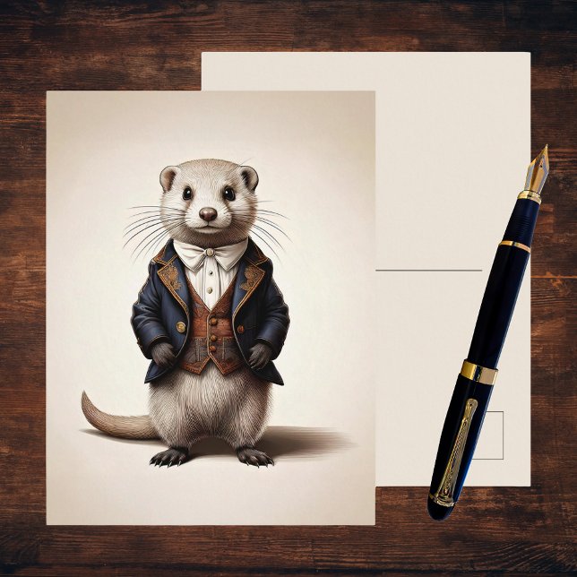 Poetcore Literary Weasel | Dark Academia Postcard (A poetcore dark academia postcard on a dark wooden desk with a fountain pen. Gentleman Weasel)