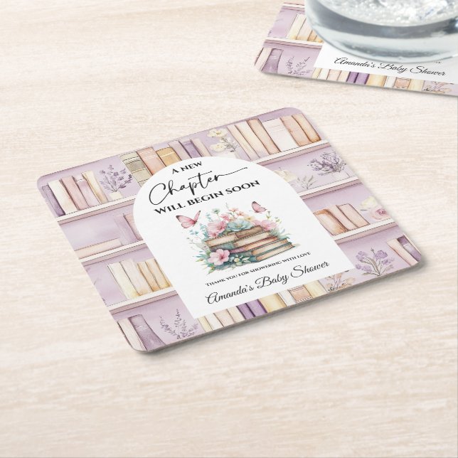 Poetcore New Chapter Pink Girl Book Baby Shower Square Paper Coaster (Angled)