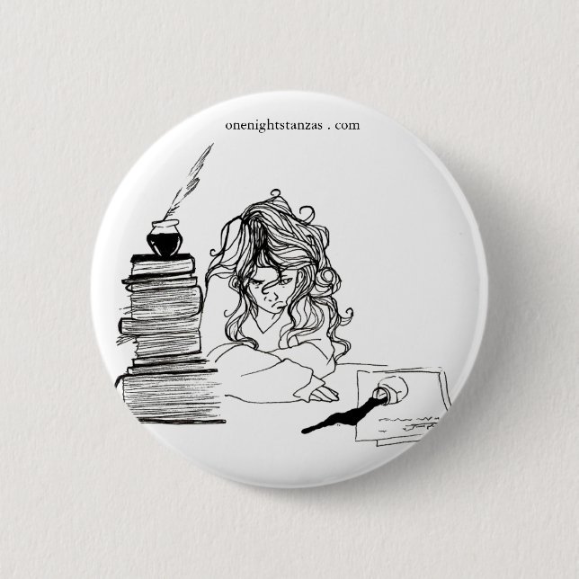 Poetgirl pin. 6 cm round badge (Front)