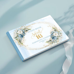 Poetic Dusty Blue Floral Gold Sweet 16th Sign In  Guest Book