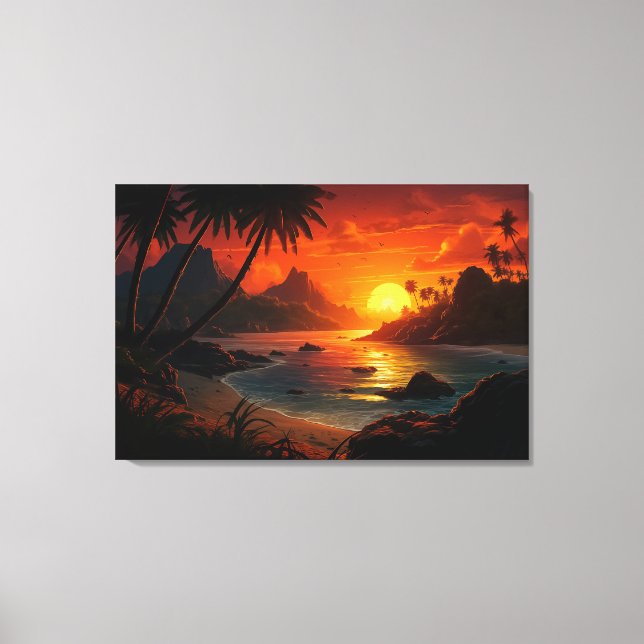Poetic Sunset on Tropical Beach Illustration Canvas Print (Front)