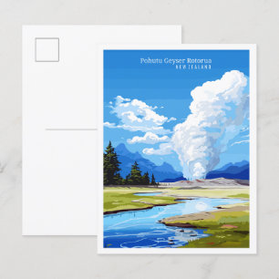 Pohutu Geyser NZ vintage travel illustration Postcard