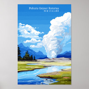 Pohutu Geyser NZ vintage travel illustration Poster