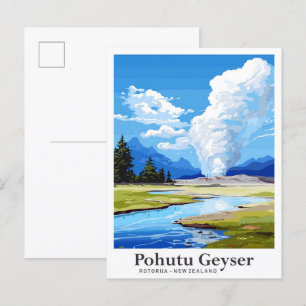 Pohutu Geyser Rotorua NZ Travel Illustration Postcard