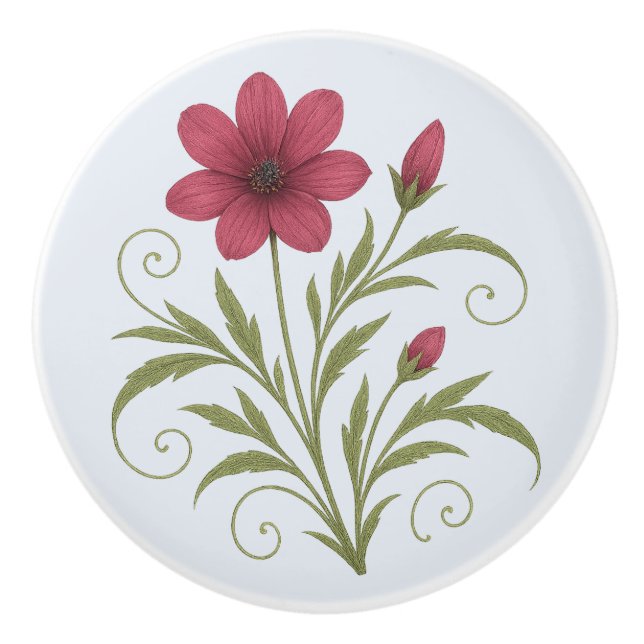 Poignée en Céramique fushia botanique, élégante  Ceramic Knob (Front)